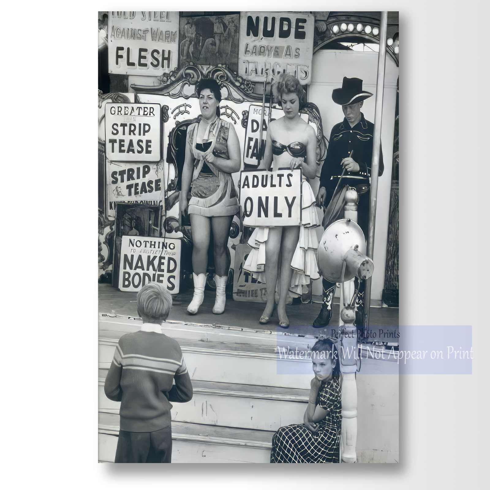 Vintage Circus Carnival Side Show, Peep Show, Black & White Photo Print