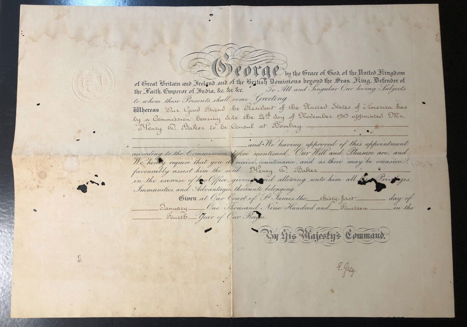 1914 Earl Grey Signed Bombay Consul Appointment Document -King George of England