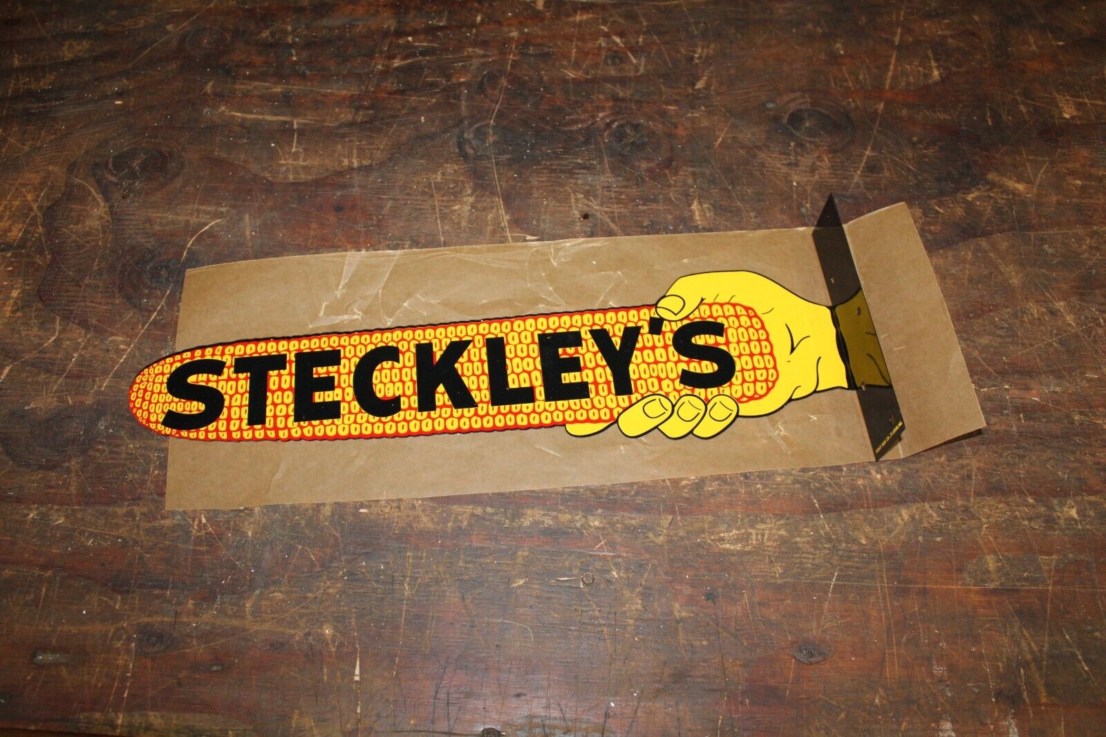 SCARCE 1950s STECKLEY\'s SEED CORN DEALER 2-SIDED PAINTED METAL FLANGE SIGN NOS