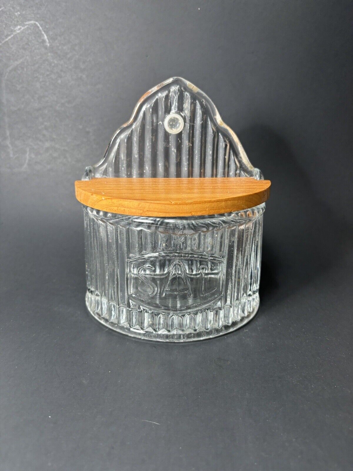 Vintage Hoosier Salt Box Ribbed Glass Cellar Wall Mount Or Counter Top