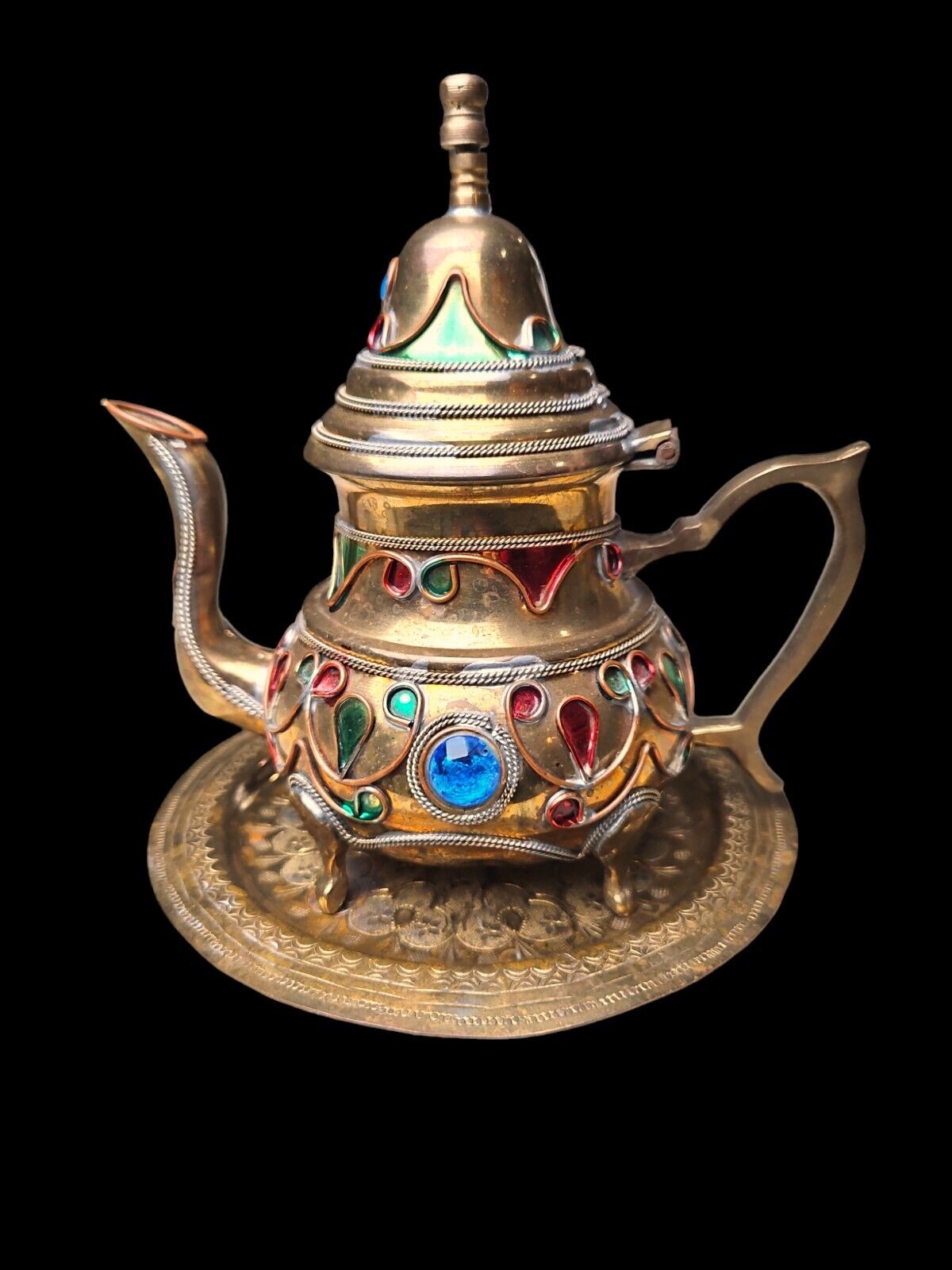 Vintage Moroccan Teapot~Copper/Brass ? W/Tray~Middle Eastern Carved, Handpainted