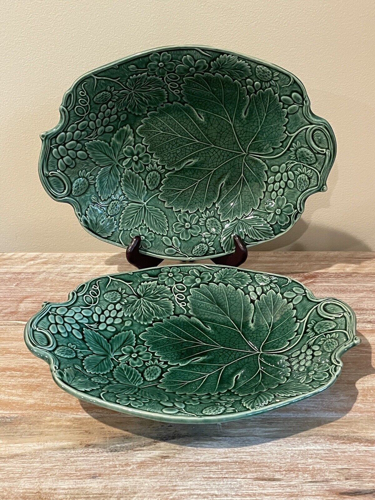  Pair of Antique 1800’s Green Majolica “Strawberry Leaf” Shallow Serving Bowls 