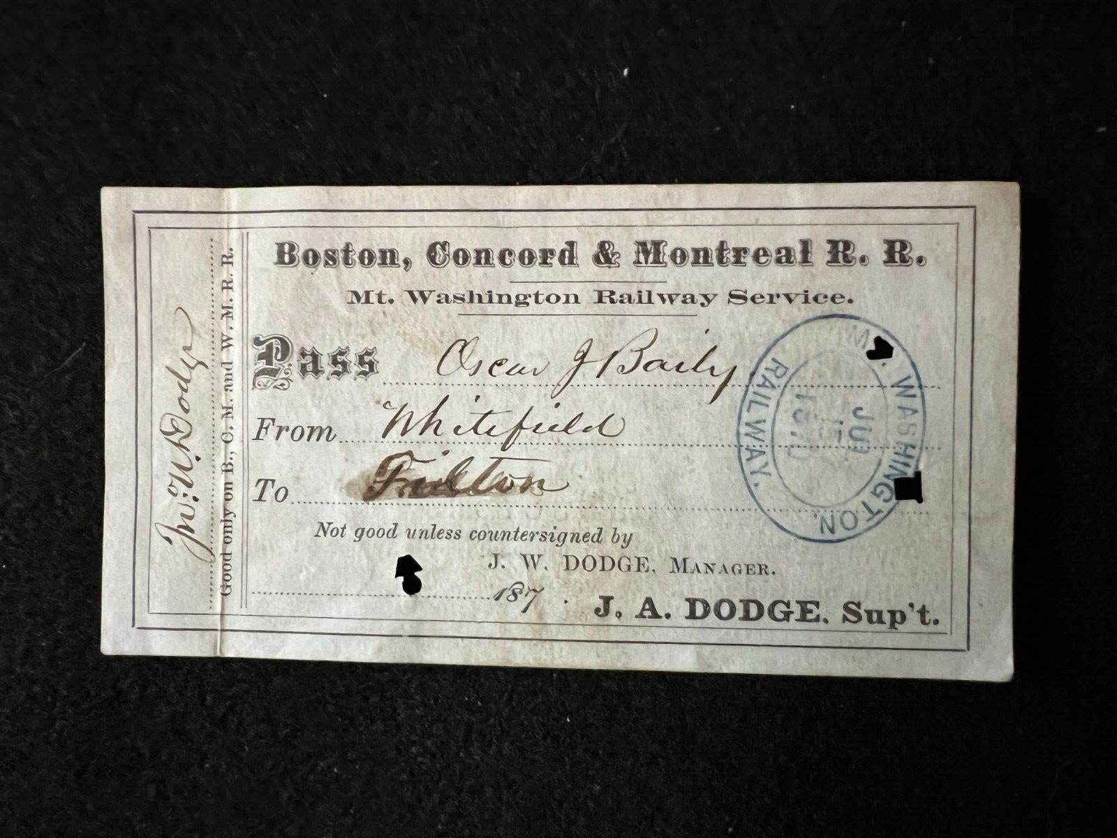 Rare 1870 Mt. Washington Railway Service Pass