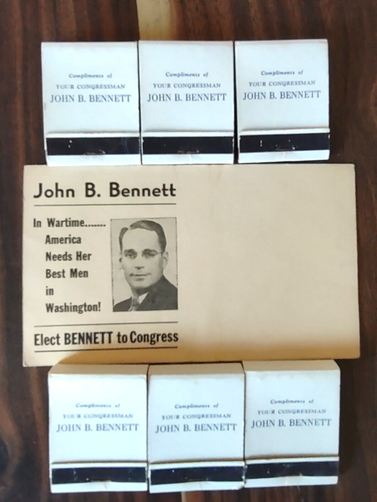JOHN BENNETT MICHIGAN CONGRESSMAN CAMPAIGN POSTCARD & 6 COMPLIMENTARY MATCH BOX