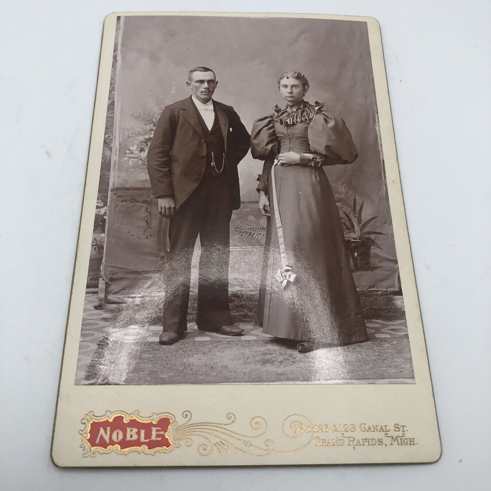 Antique Cabinet Card Photo Elegant Man Woman Couple Weird Dress Grand Rapids MI