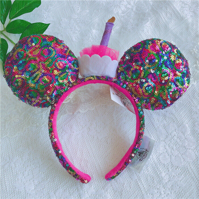 US Disney Parks Happy Birthday Cupcake Cake Sequined Minnie Mickey Ears Headband