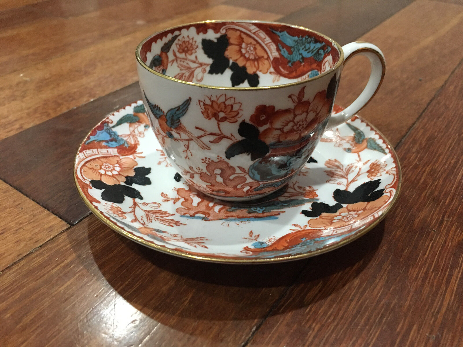 Antique Bishop & Stonier Porcelain Cup & Saucer w/ Dragon Vase & Bird Decoration