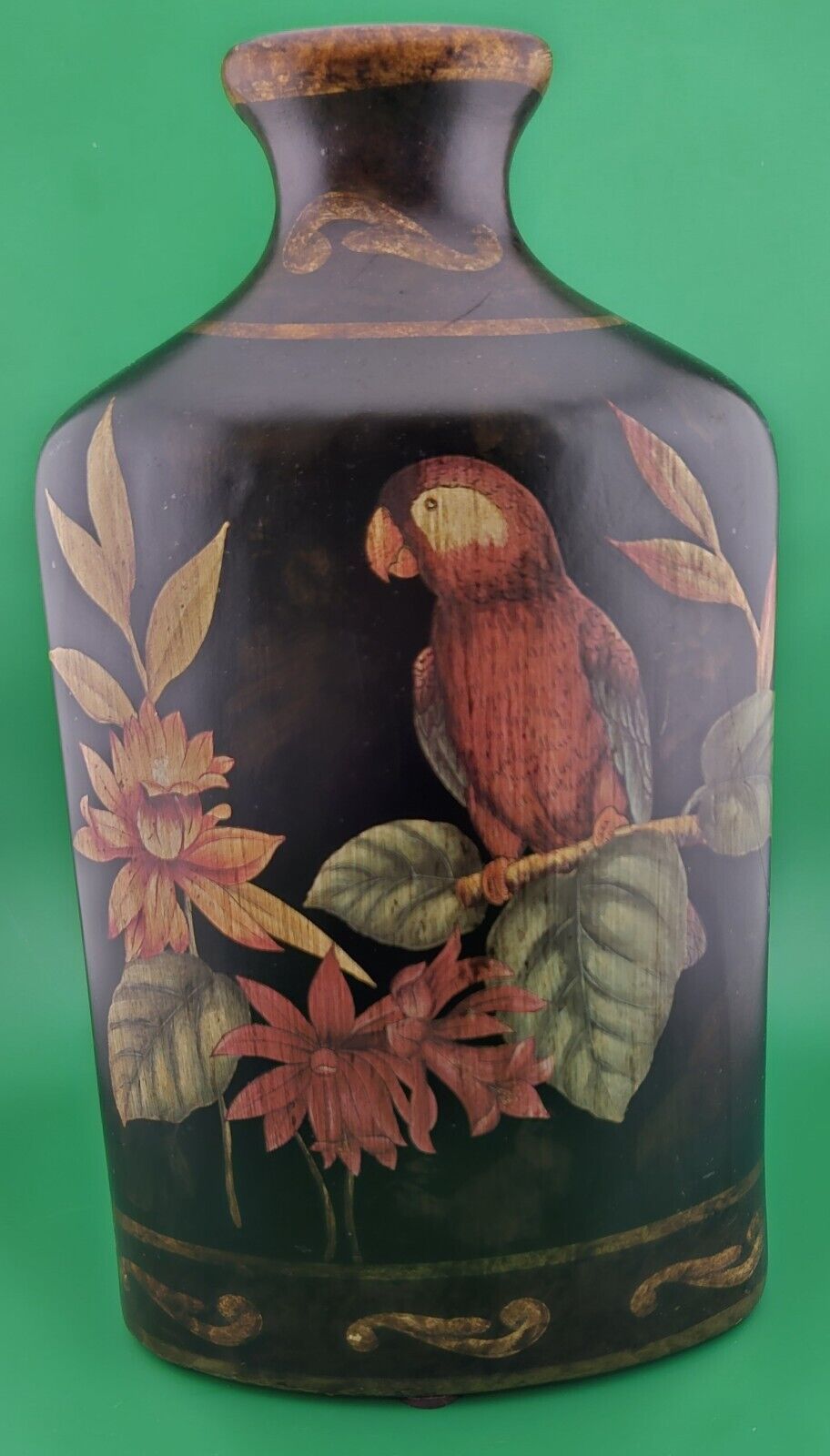 Ceramic Vase-Vintage Large Black Tropical Floral Parrot (Front And Back) 