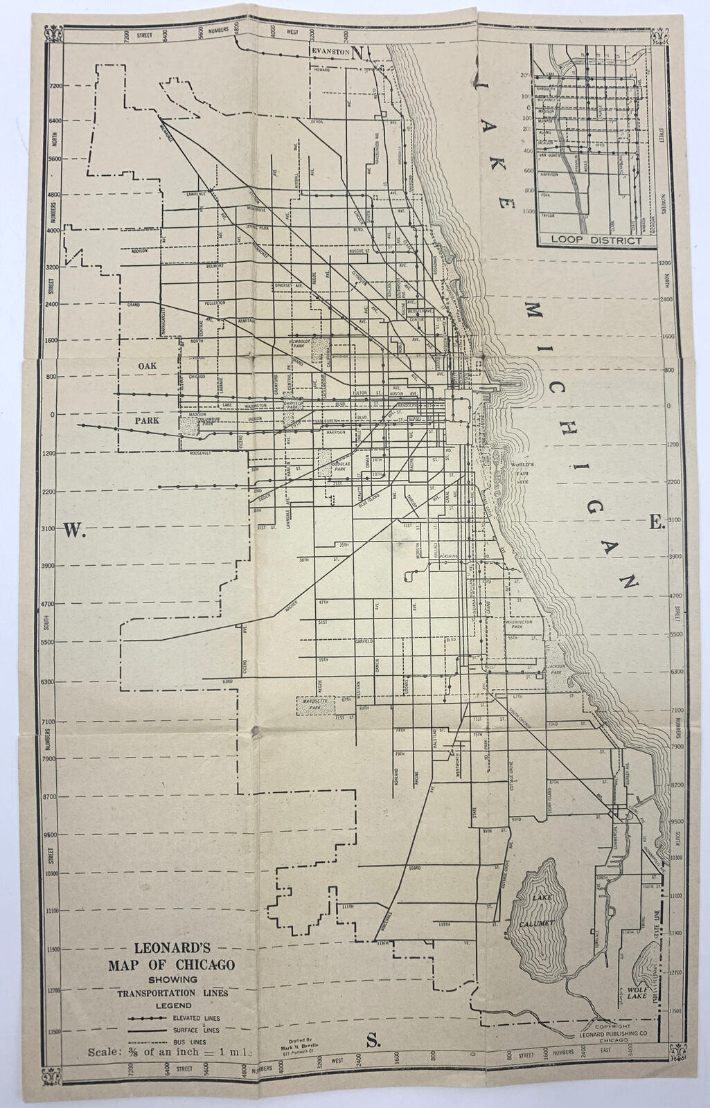 1935 Leonards Map of Chicago Pocket Fold Out Transportation Lines Vintage