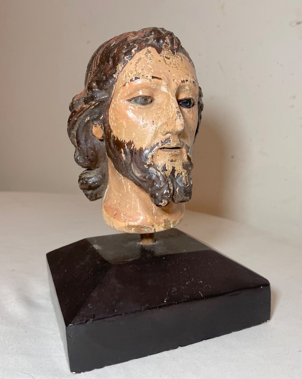 antique 17th century hand carved polychromed wood Jesus Christ head sculpture