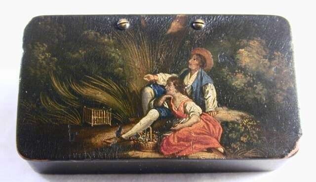 Antique Stobwasser Paper Mache Hand Painted Lacquer Snuffbox Courting Scene