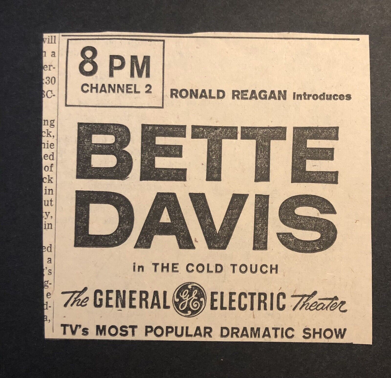 1950’s Ronald Reagan Introduces Bette Davis General Electric Newspaper Ad