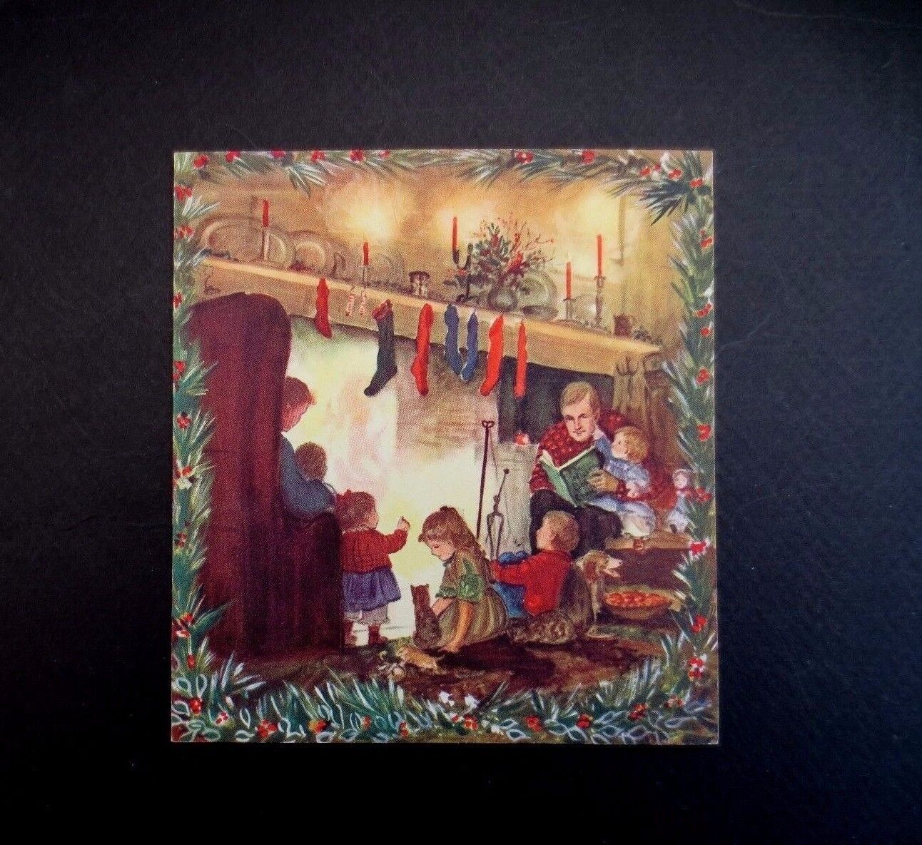 RARE Vintage Tasha Tudor Xmas Greeting Card Family & Pets Gathered by Fireplace