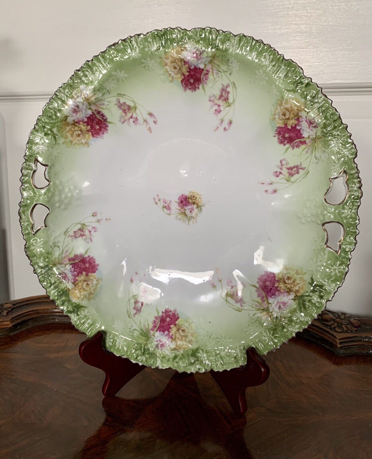 Lg Rare Antique RS Prussia Scalloped Edges 11.5” Pink Yellow White Flowers Plate