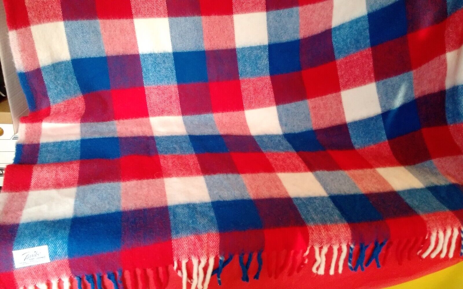 Vintage Faribo Patriotic Red White Blue Plaid Fringe 65x54 Throw Fluffy Blanket