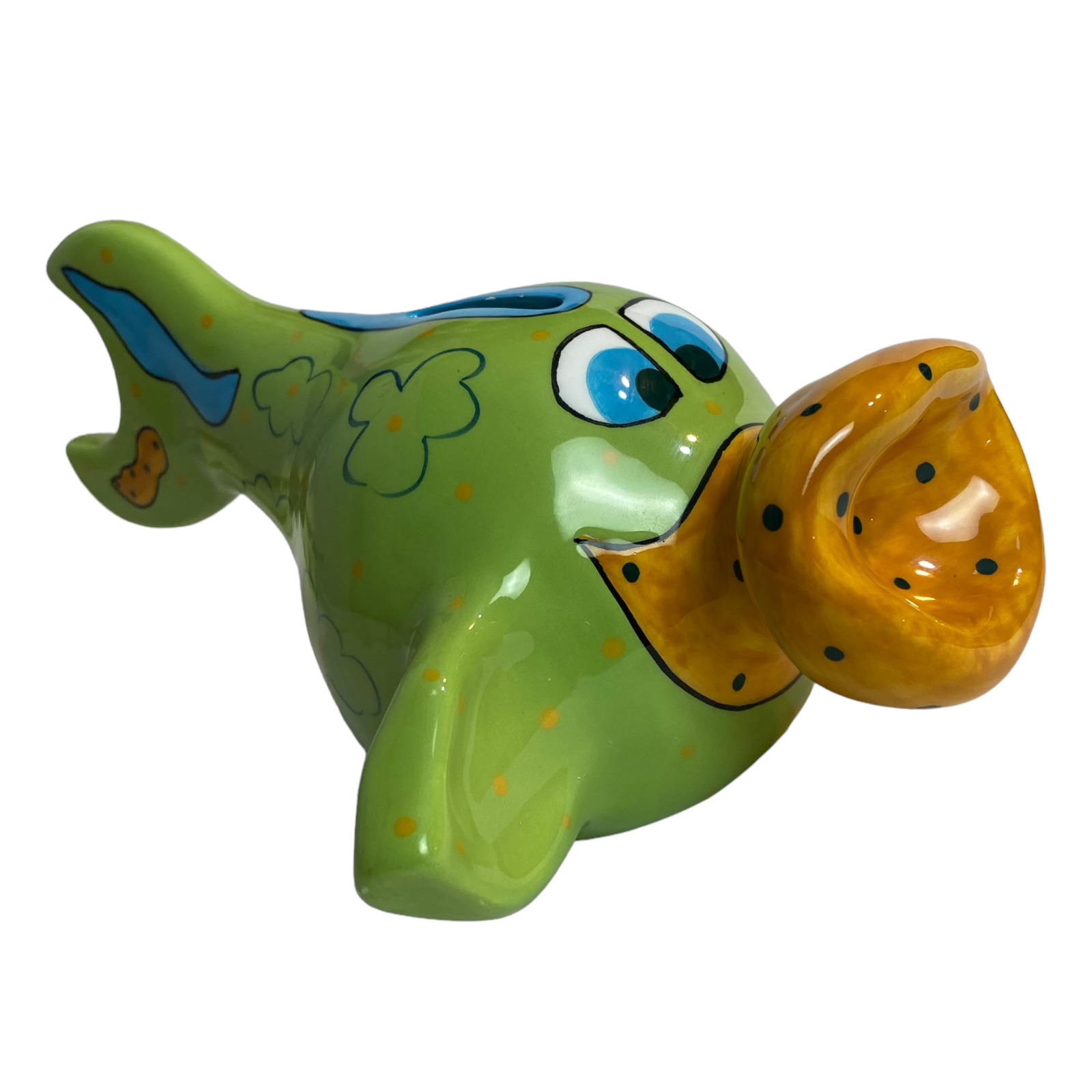 Pati Ganz Fish Bank Hand Painted Big Mouth Whimsical Green Blue Clouds
