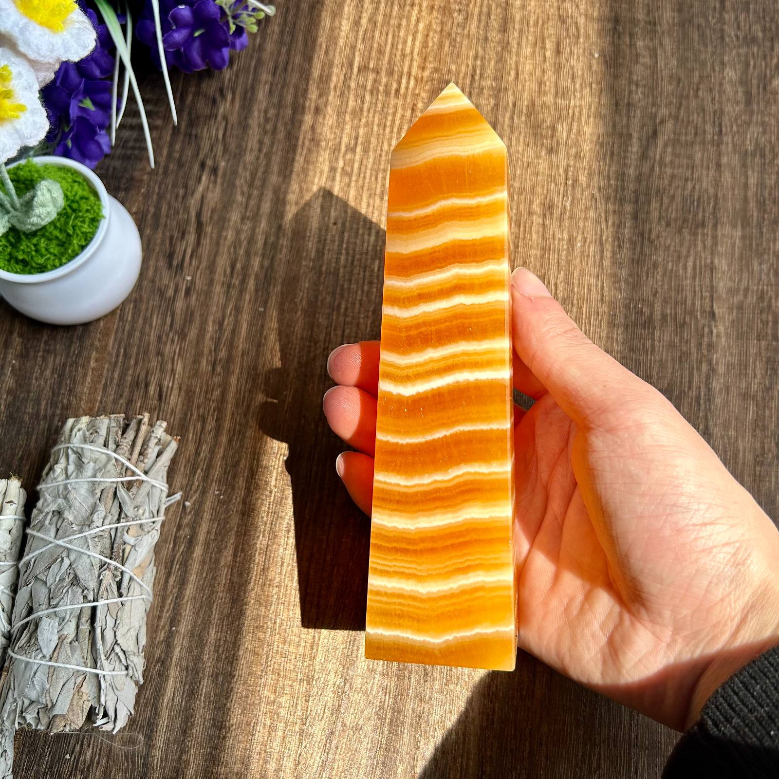 560g High Quality Banded orange calcite tower quartz crystal point healing