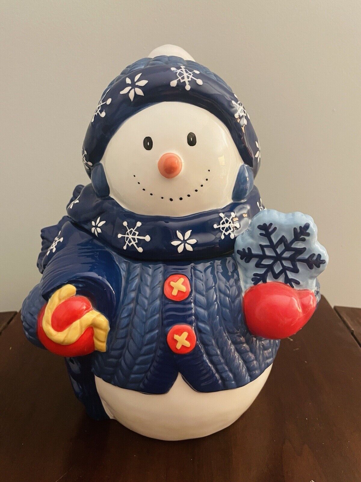 Vintage Preowned Snowman Cookie Jar Snowflake Blue