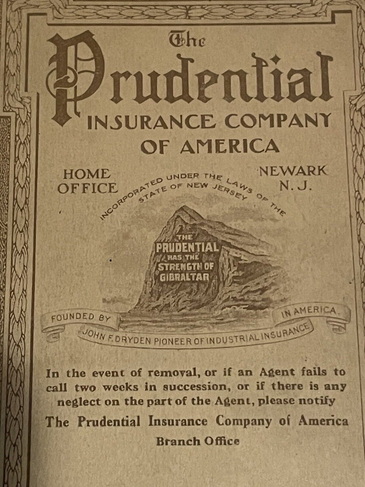VINTAGE 1917 PREMIUM RECEIPT BOOK Prudential Insurance Co of America NEWARK NJ