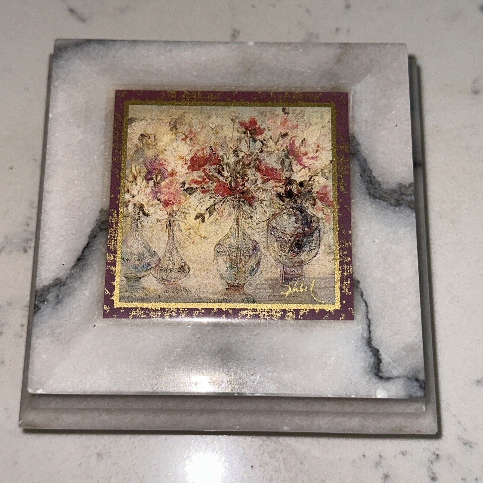 VINTAGE Edna Hibel Art Trinket Box with Lid - White Marble Flowers Scene