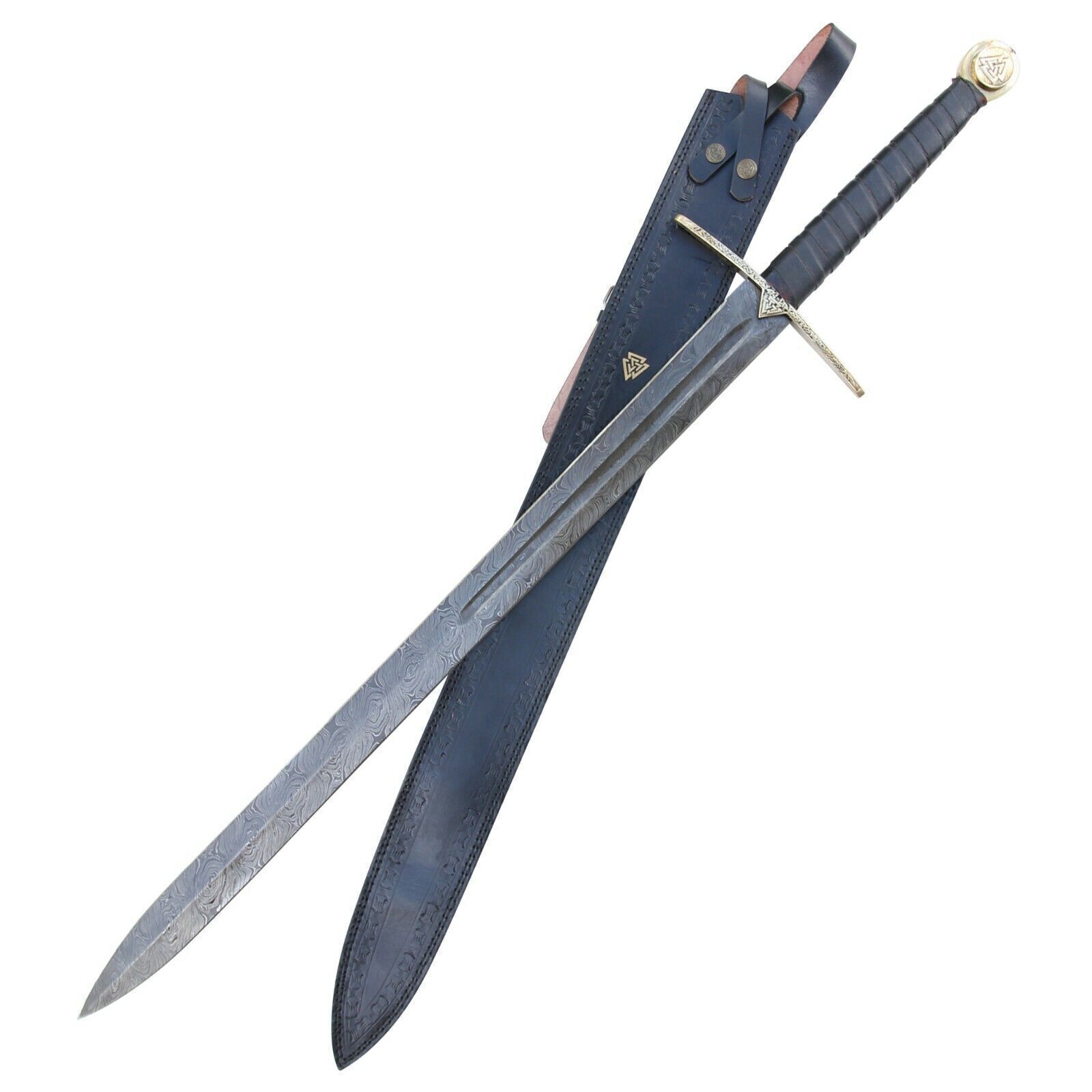 Einherjar Blade of Valhalla Damascus Steel Viking Long Sword Free Leather Sheath