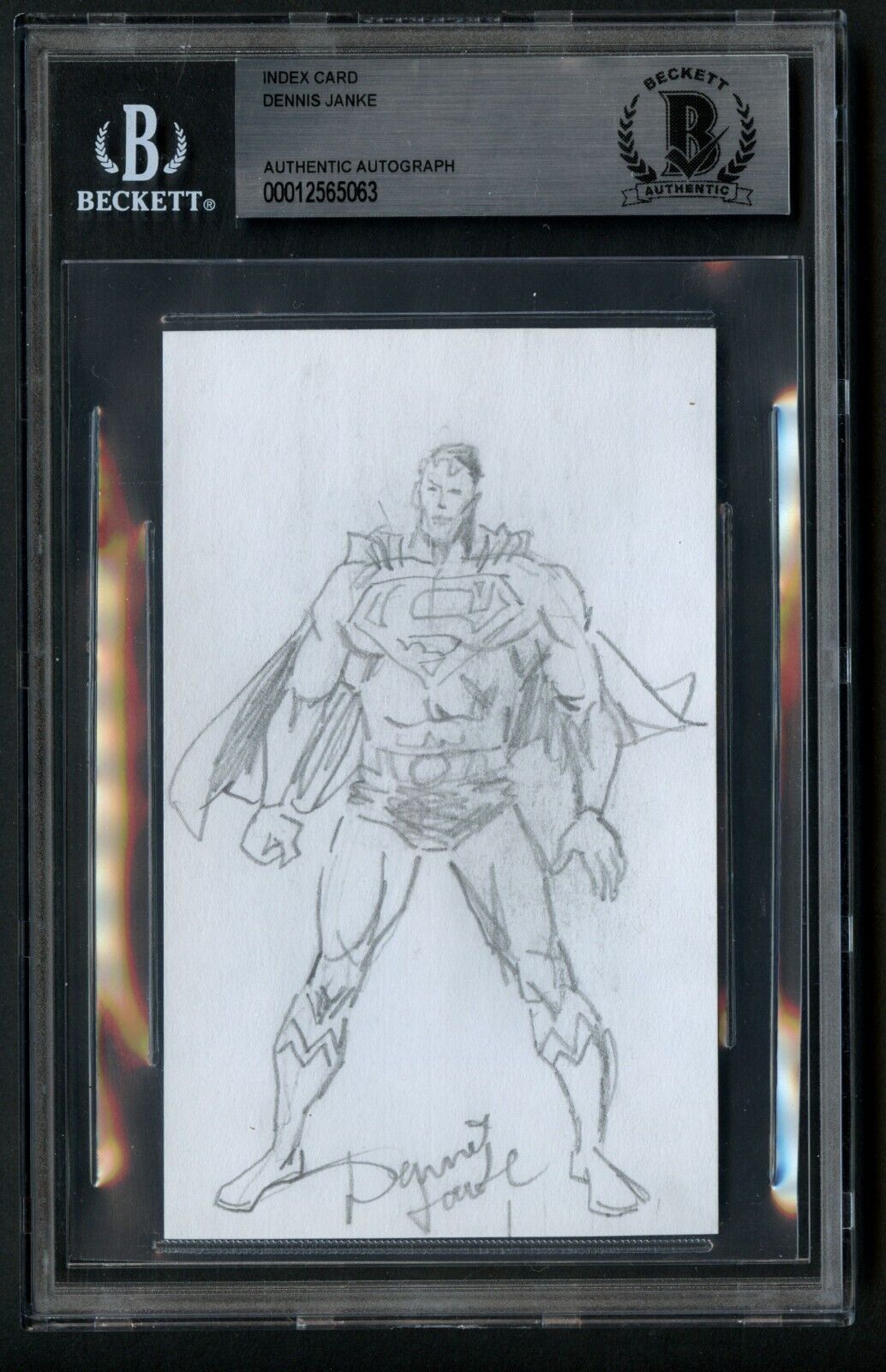 Dennis Janke signed autograph 3x5 card with Original Superman Sketch PSA Slabbed