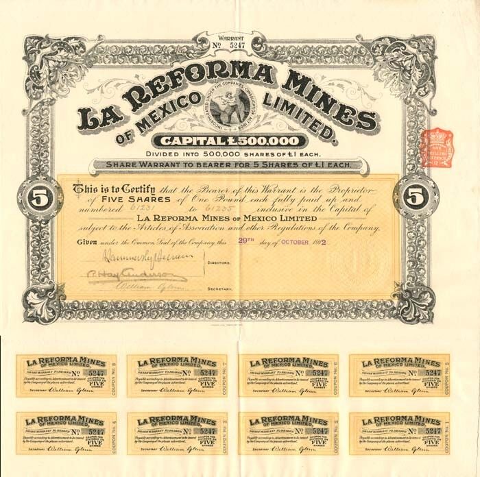 La Reforma Mines of Mexico Limited - Stock Certificate - Mexican Stocks & Bonds