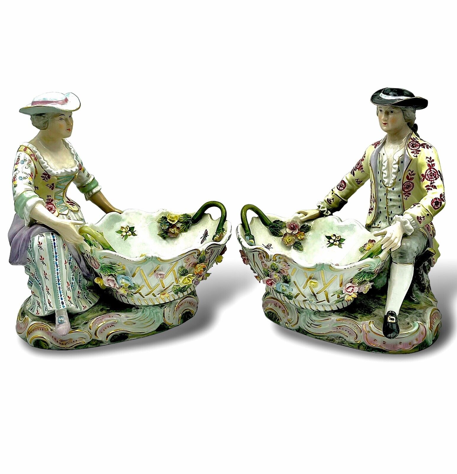 Vtg Pair GERMAN PORCELAIN Figurines Sweetmeat Dishes Applied Roses Details READ