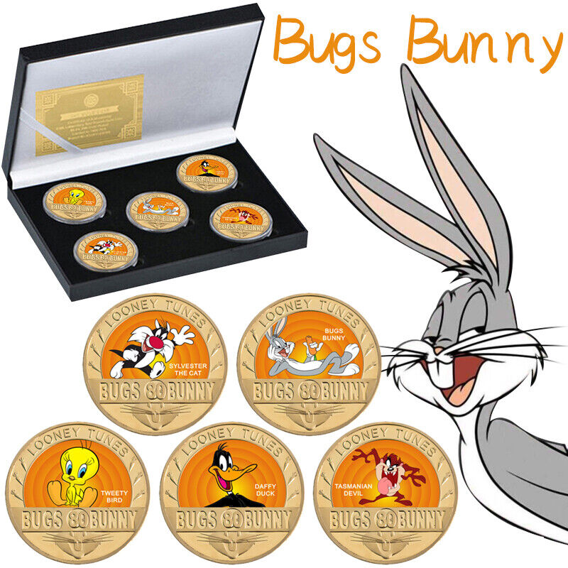 5Pcs Bugs Bunny Gold Commemorative Coins In Box Anime Souvenir Gift for Fans