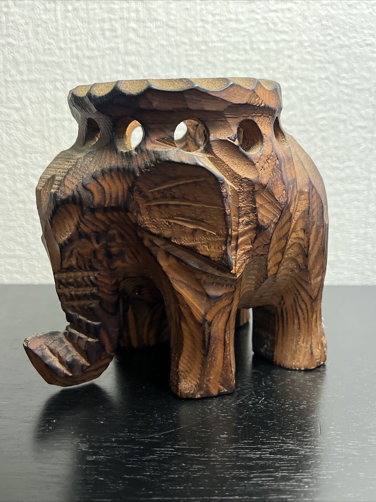 Handcrafted Wood Carved Elephant Candleholder Planter Candy Dish Safari Africa