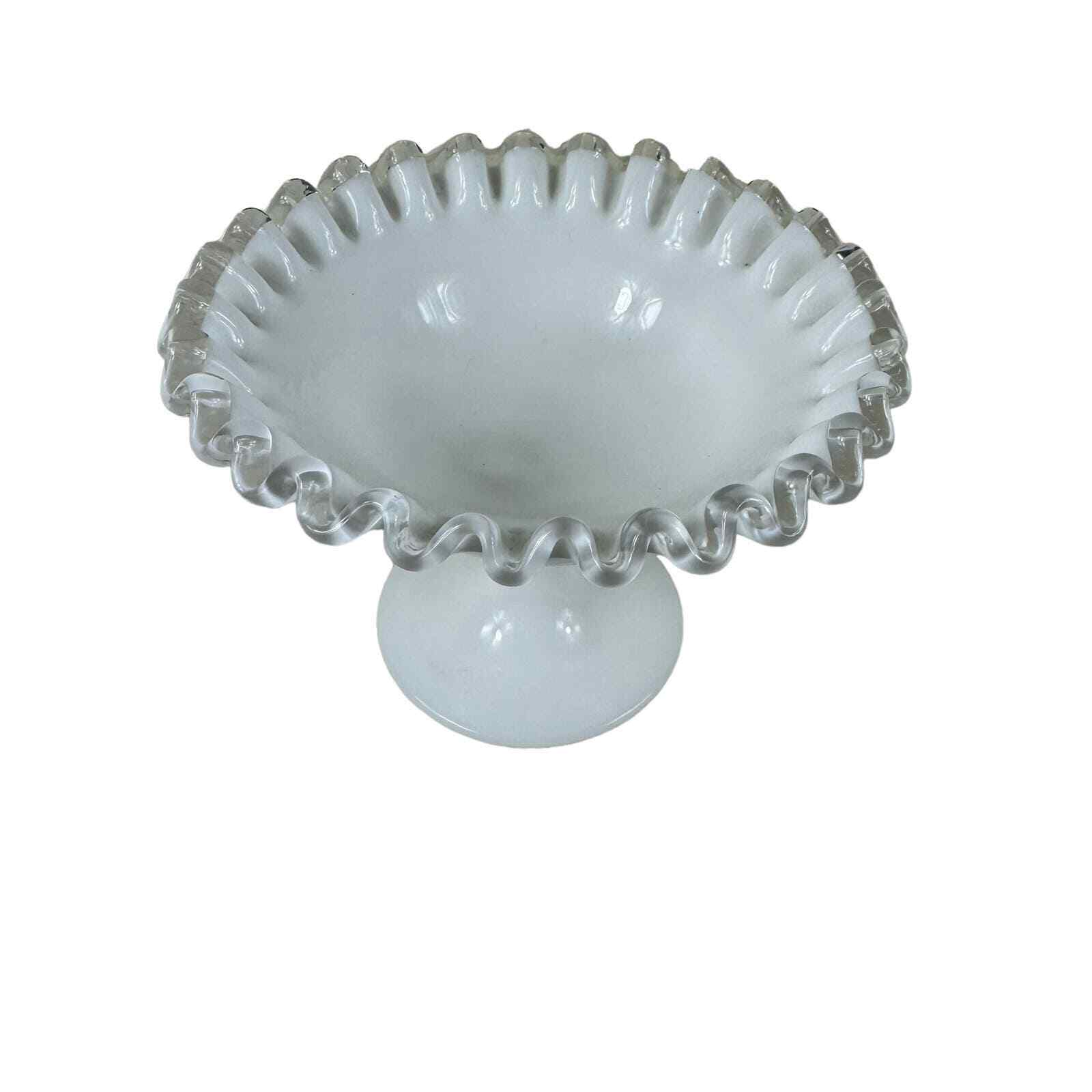 Vintage Fenton Silver Crest White Milk Glass Ruffled Edge Pedestal Candy Dish