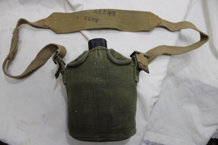 US Military Issue WW2 WWII  1943 Metal Water Canteen with Canvas Pouch Set T7