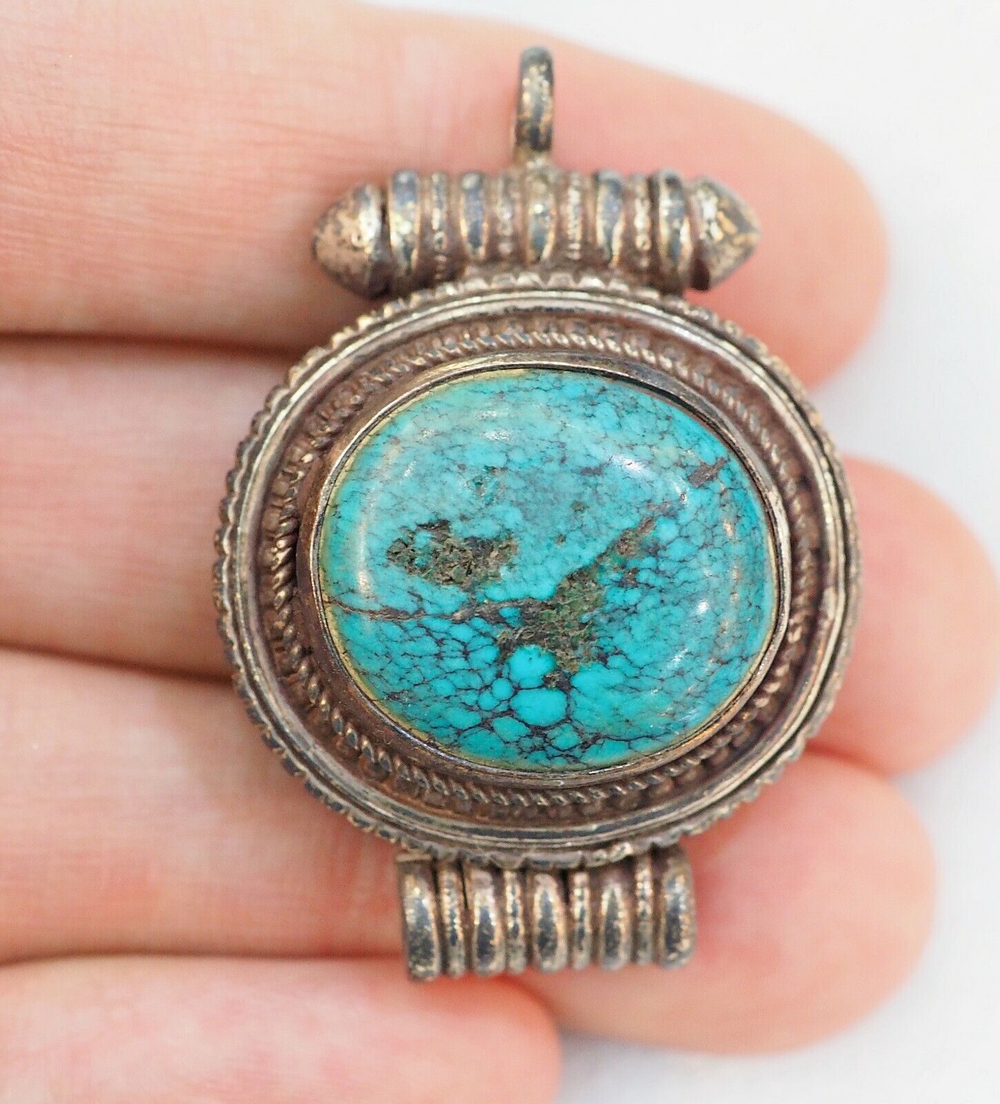 Antique Gau BOx Tibet Natural Old blue Turquoise Sterling Silver Amulet Pendant