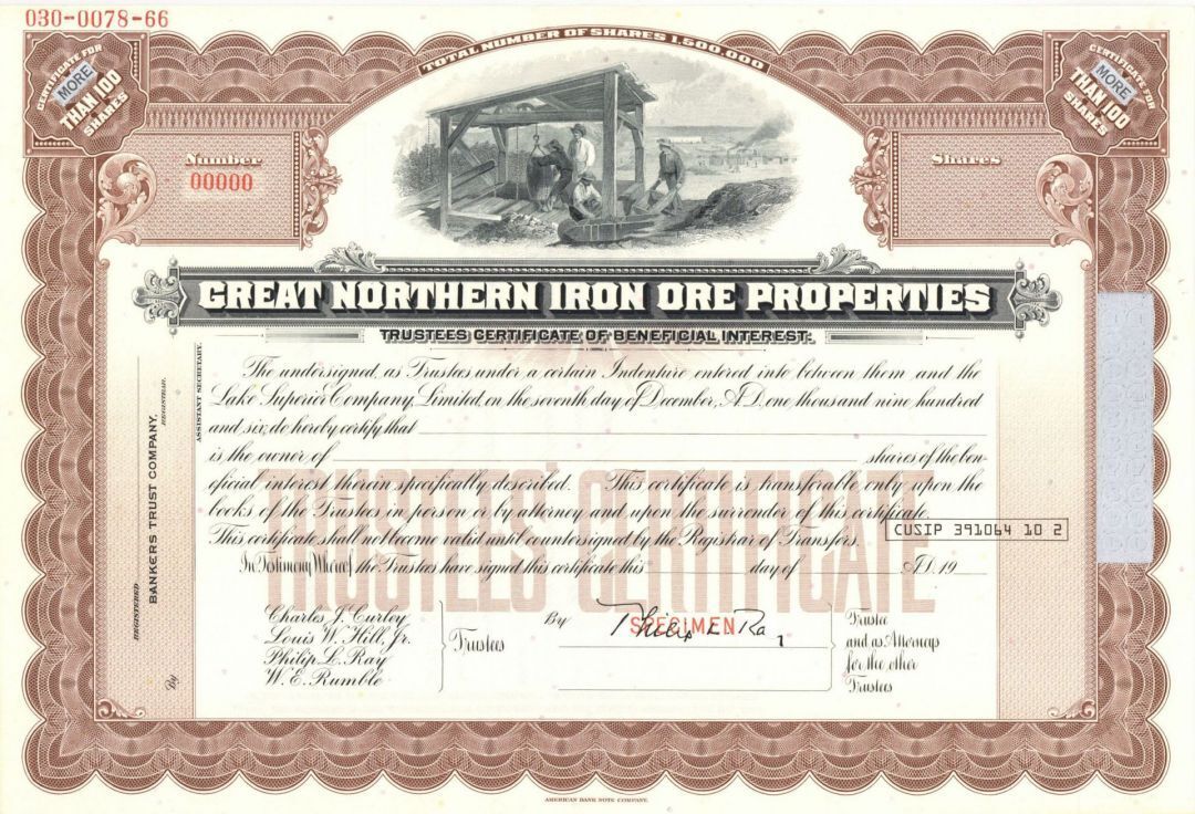 Great Northern Iron Ore Properties - Specimen Stock - Specimen Stocks & Bonds