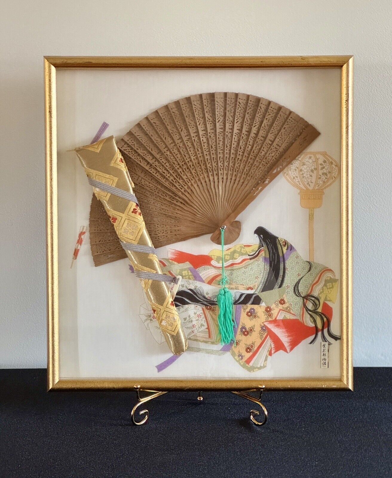 Vintage Asian Hand Carved Wooden Folding Fan Shadowbox Framed Art 17.5” x 15.75”