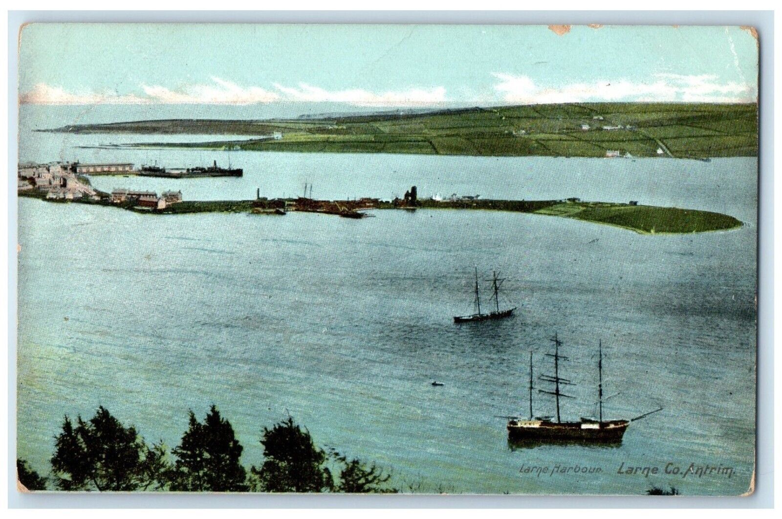 1903 Boat Sailing at Larne Harbour Larne Co. Antrim Ireland Antique Postcard