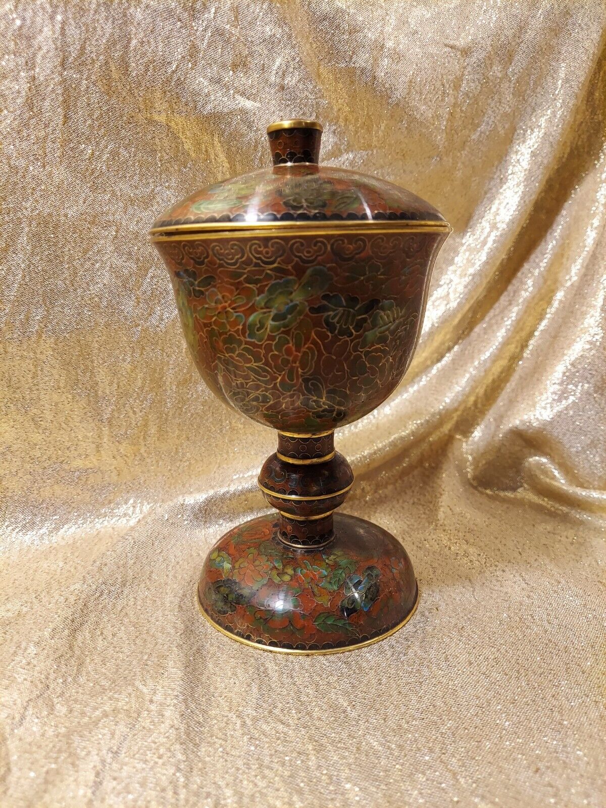 Vintage Cloisonne Enamel Covered Metal Flower Goblet Urn Chalice Covered Jar