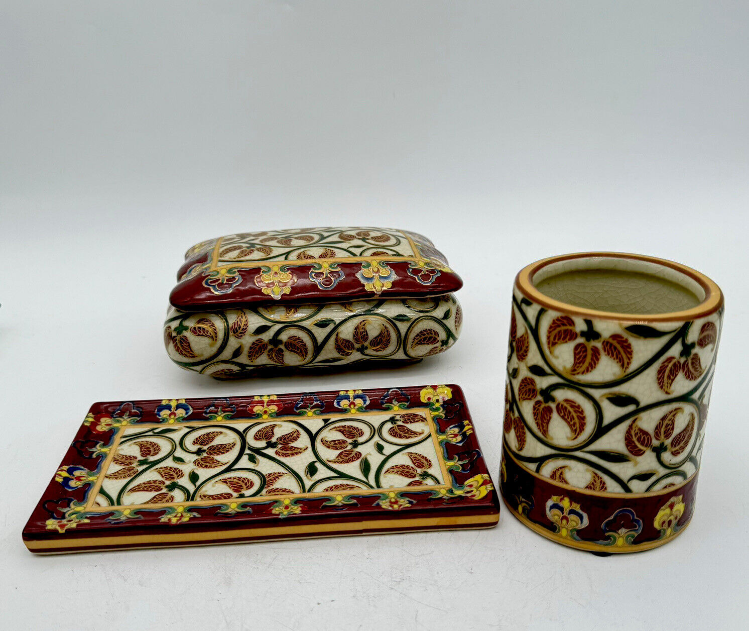 3 Pc Vintage Amita Trinket Powder Box Hand-Painted Porcelain Antique Gold Rare