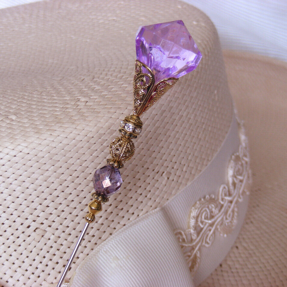 HATPIN with PURPLE Fashion & Swaroski Crystal on Gold Finish Setting - 9 inch