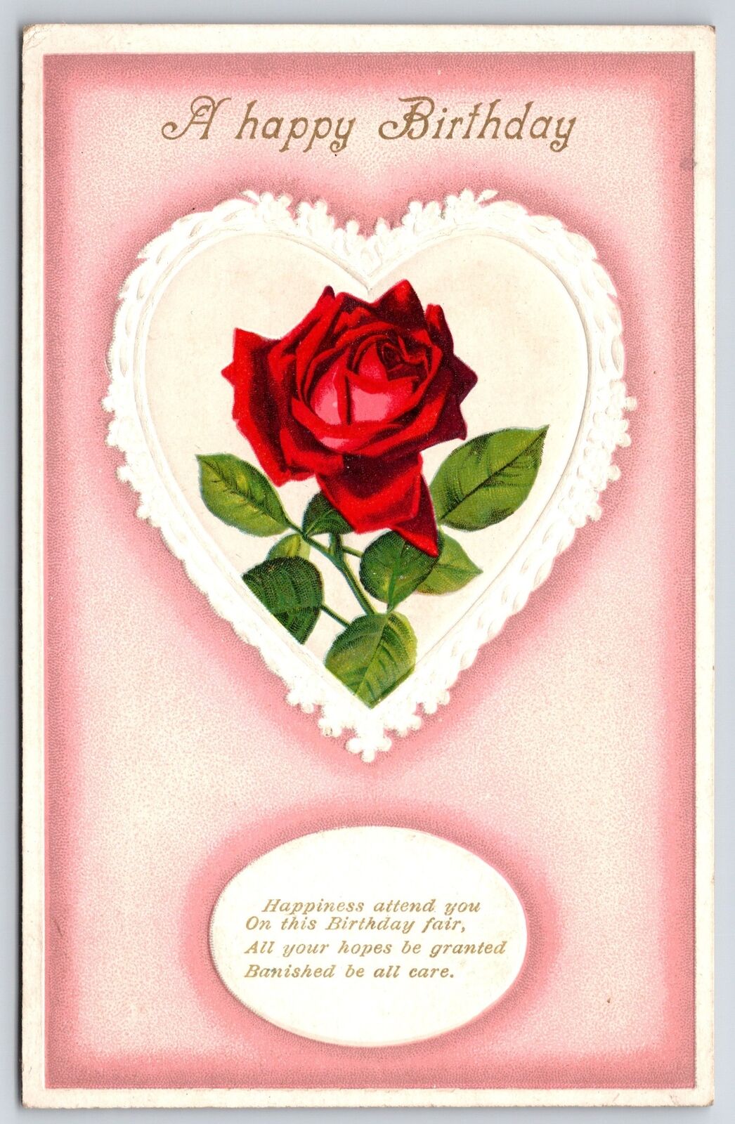 Happy Birthday, Red Rose Inside The Embossed Heart Message, Postcard