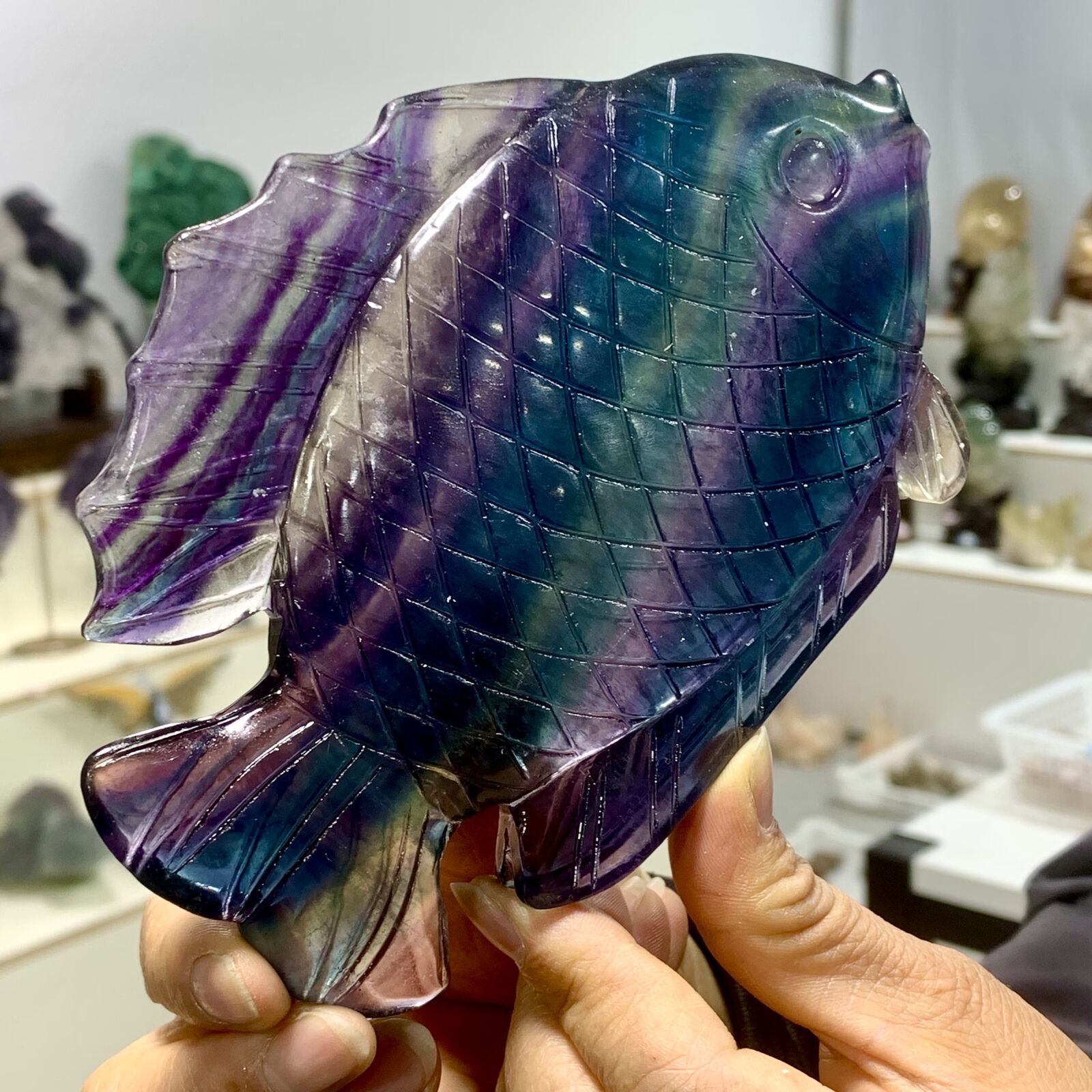 460G Natural Beautiful Colours Fluorite Crystal Carving Fish Sculpture Healing