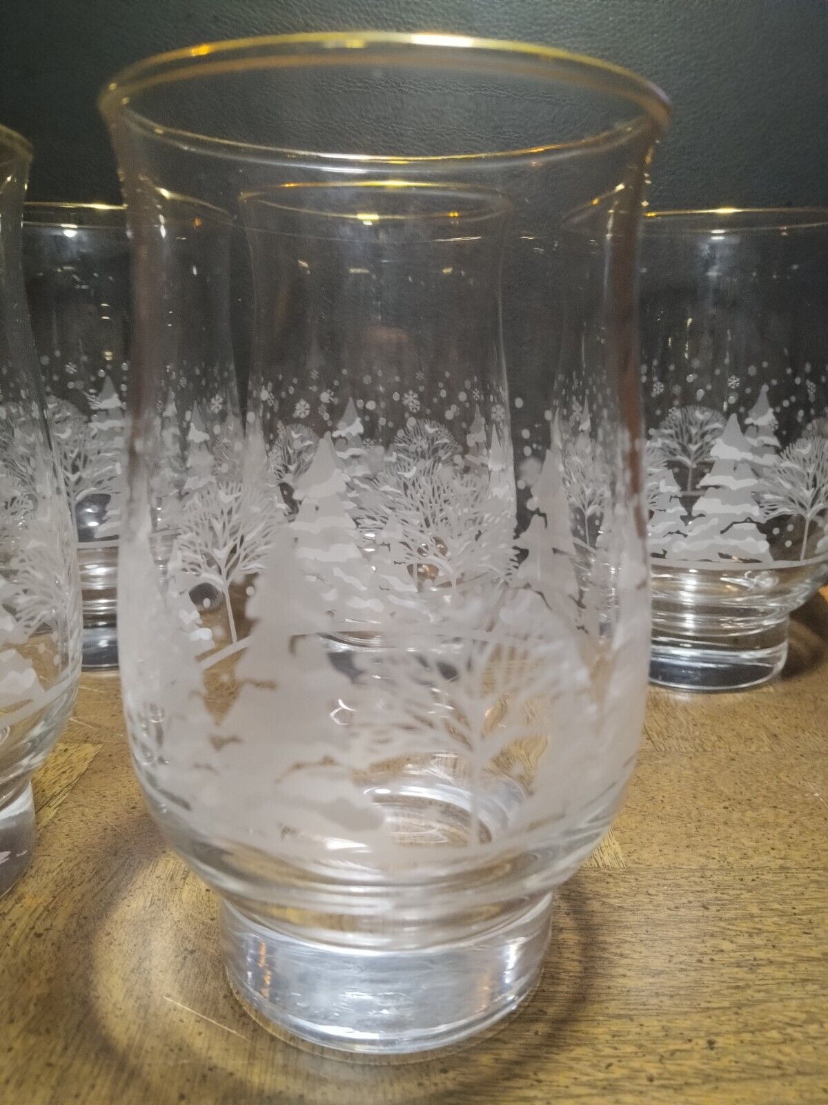Vintage Set of 5 Libbey Glasses Frosted Winter Scene with Gold Rims