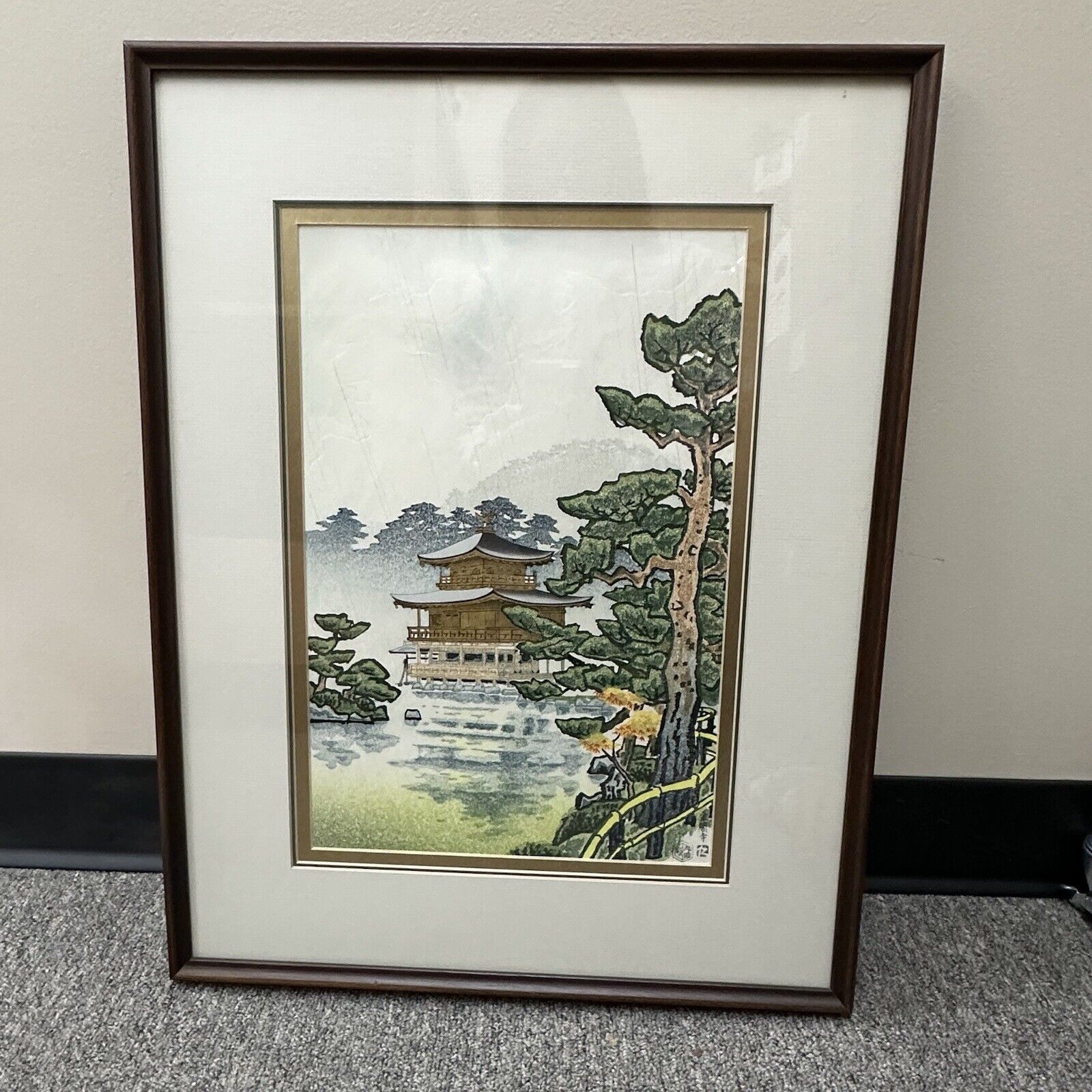 Vintage Original Woodblock Print Golden Pavilion in Rain by Nisaburo Ito Framed