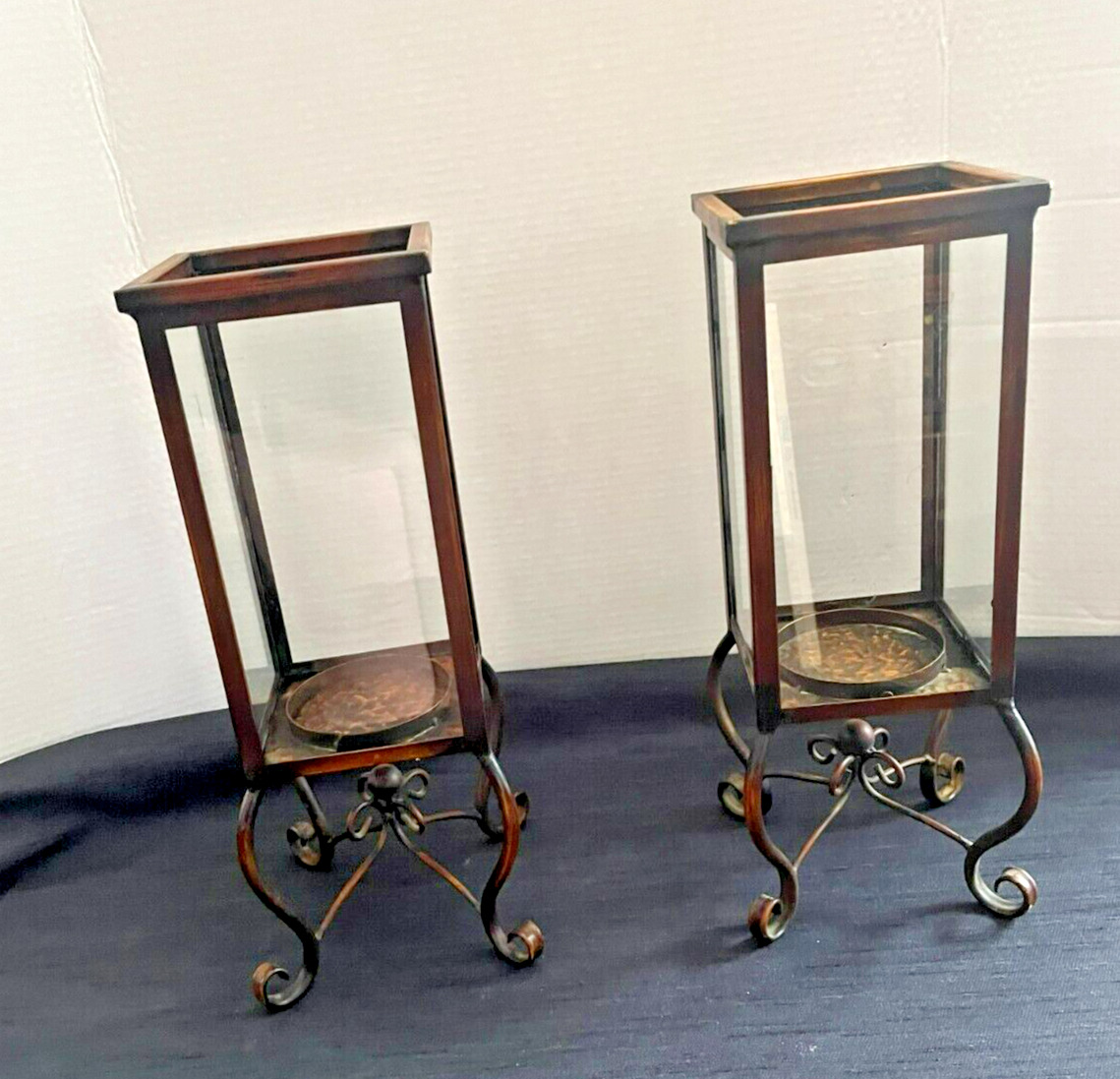 (Set of 2)  Antique Victorian Style Metal & Glass Hurricane Candle Holders 15\
