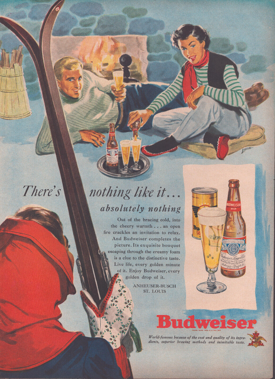 1949 Budweiser Vintage Print Ad - Ski Lodge - Beer by the fire
