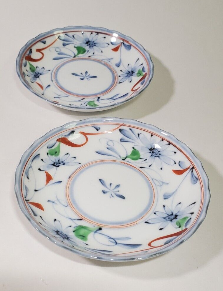 Pair Blue Japanese Imari Plates Red Blue Floral Signed