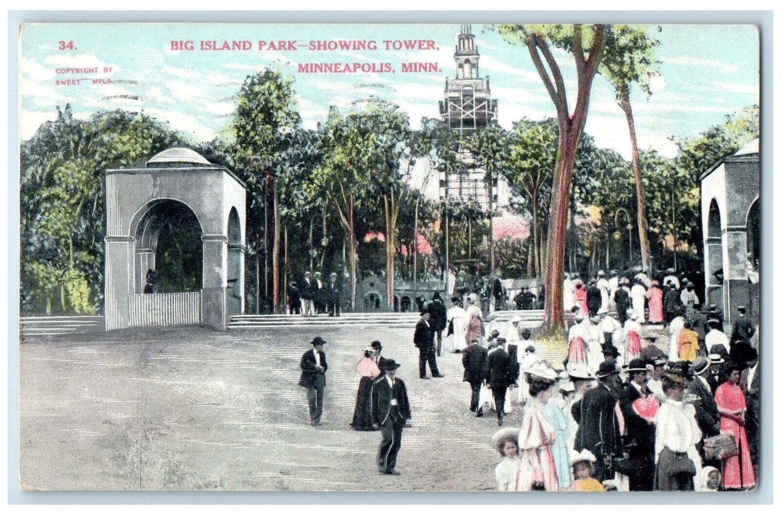 1908 Big Island Park Showing Tower Exterior Road Minneapolis Minnesota Postcard