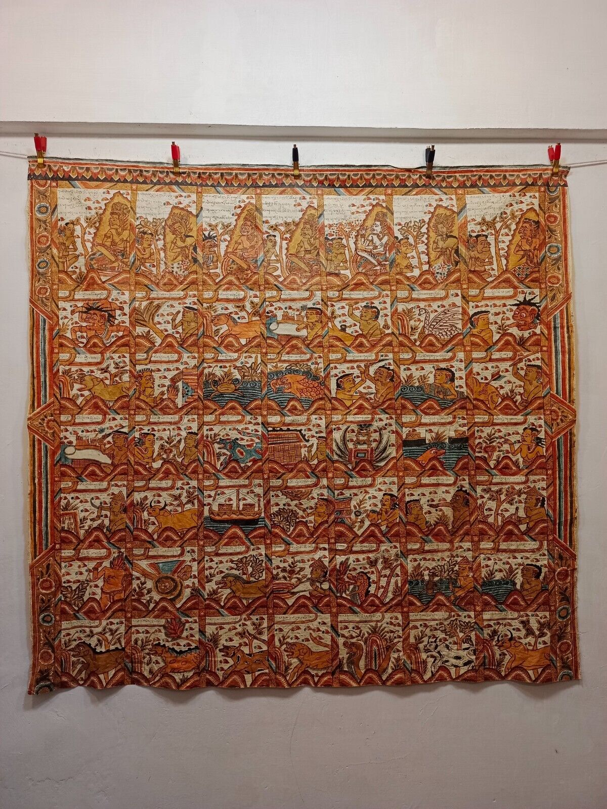 Vintage Gorgeous Hand Painted Indonesian Textile Wall Hanging 129×135 Cm