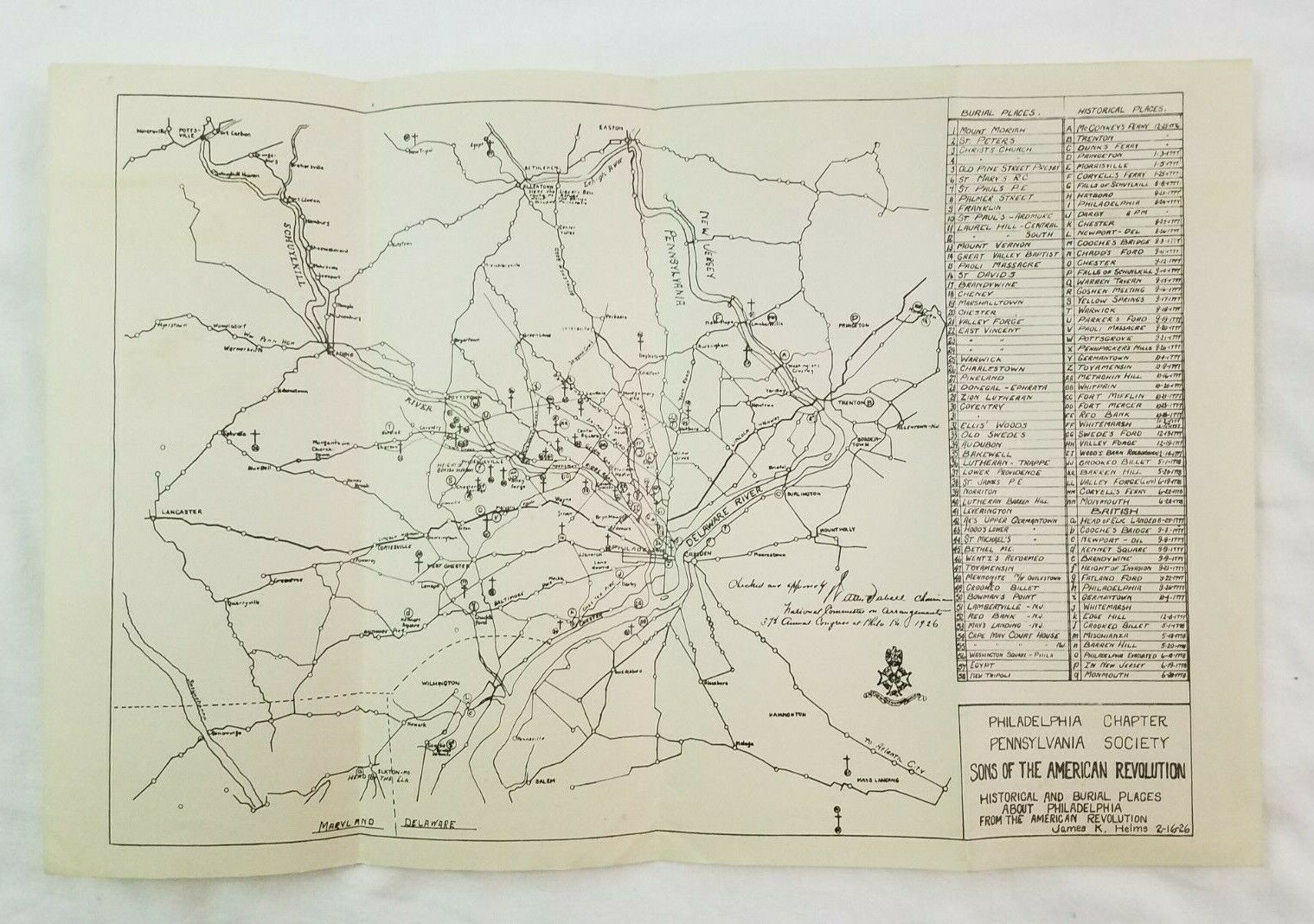1926 Sons of The American Revolution James Helms Map Philadelphia Burial History