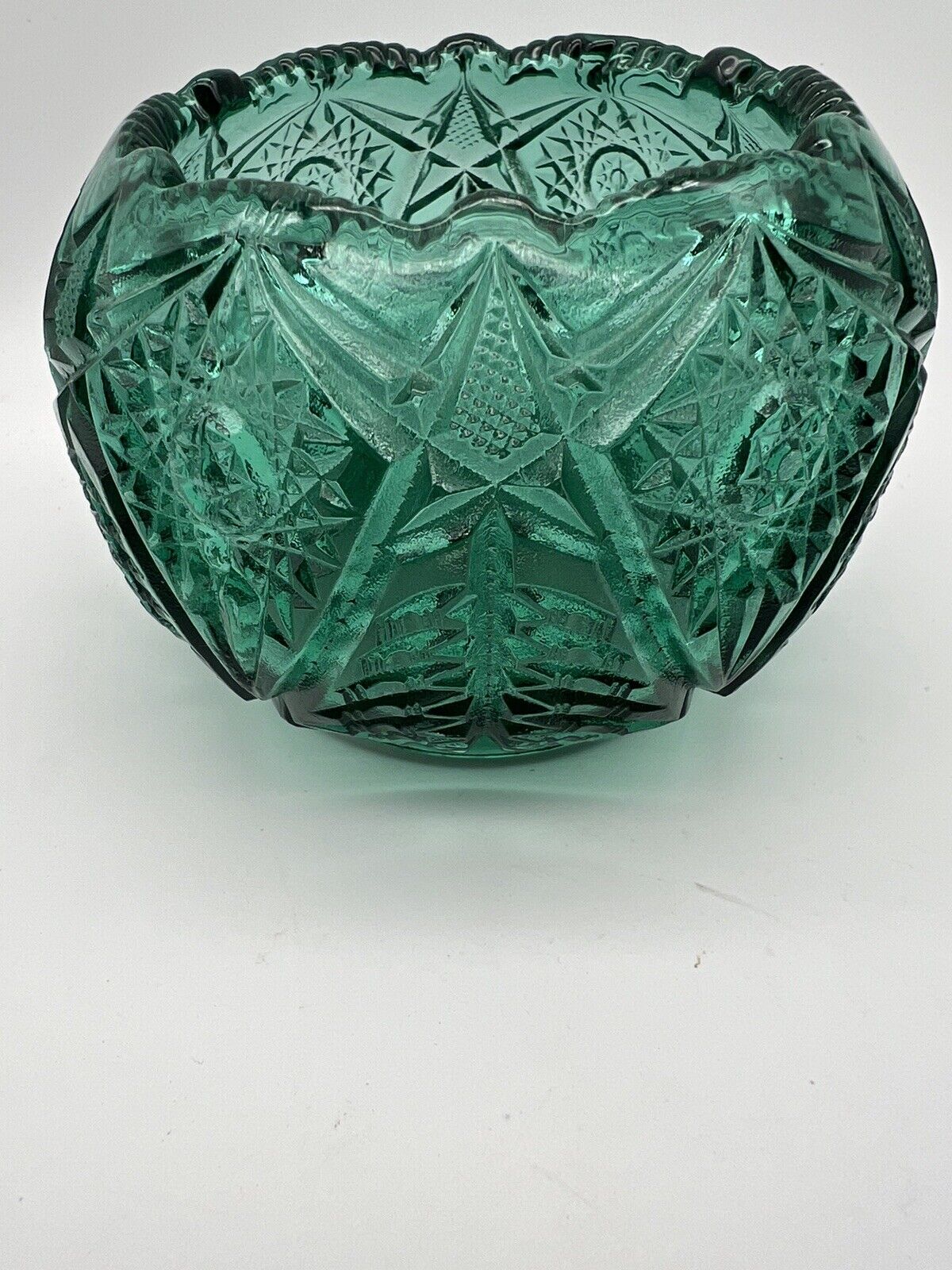 Fenton Spruce Green Rose Bowl Starburst & Tree Pattern Pressed Glass Bowl   F108